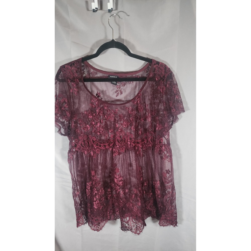 Torrid Womens Sheer Floral Lace Babydoll Top Burgundy Whimsigoth Boho Plus 1 - Picture 1 of 3